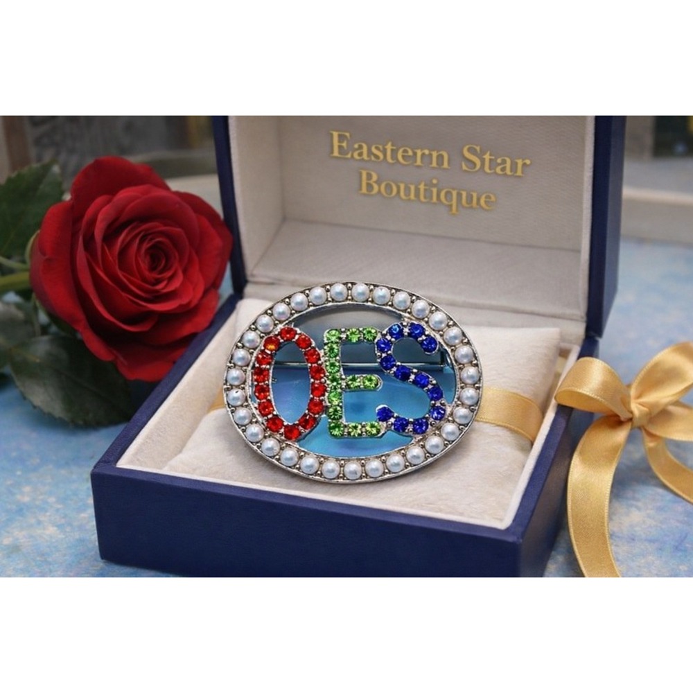 OES Eastern Star Brooch Pin‎ with White Pearls and Multicolored Rhinestones